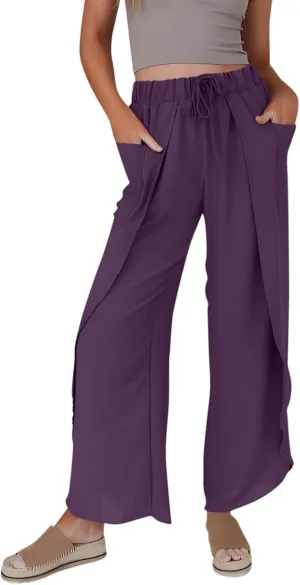 Flowy Linen Pants for Women Side Slit Wide Leg Yoga Pants with Pockets Drawstring High Waisted Pants Beach Pants 2024