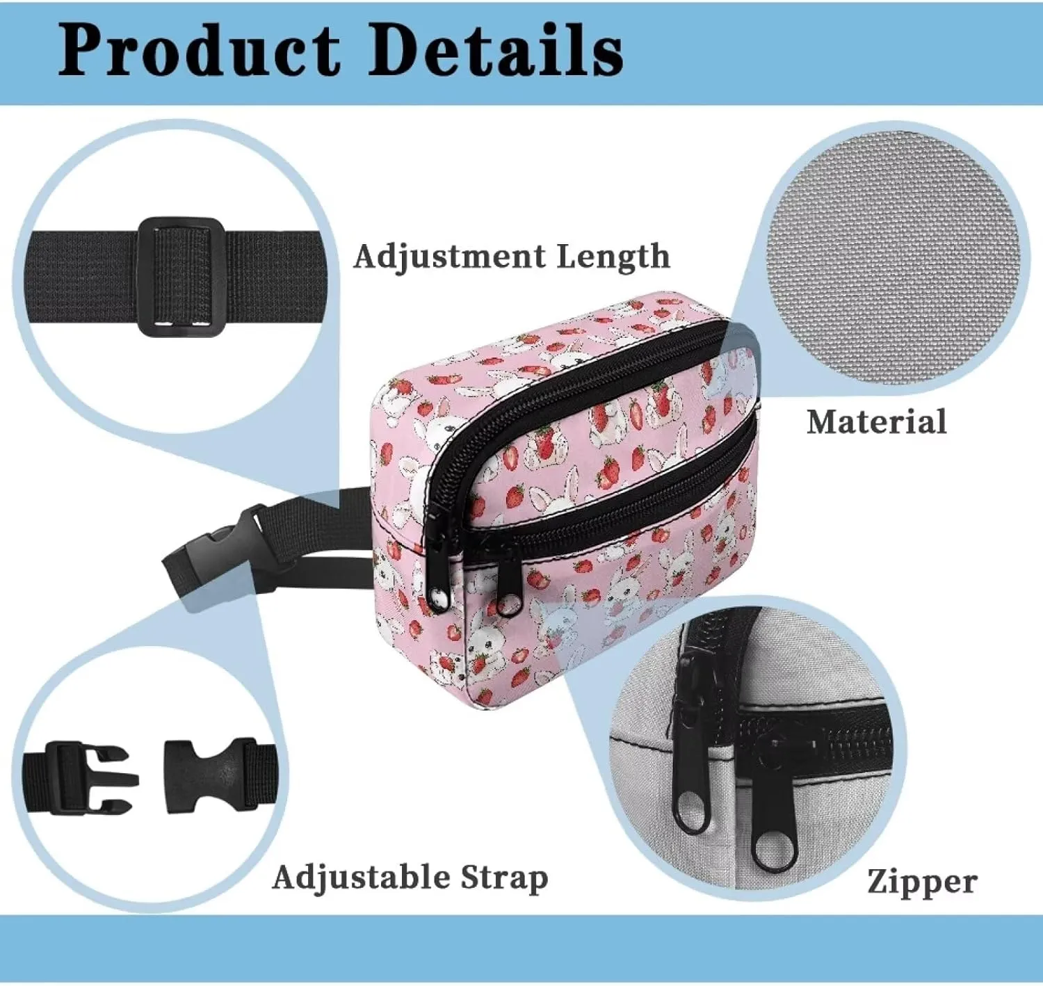 FOR U DESIGNS Cute Fanny Pack for Girls Small Belt Bag with Zipper Pockets Adjustable Strap Fashion Waist Packs Bunny & Strawberry Print Cross Body Bag