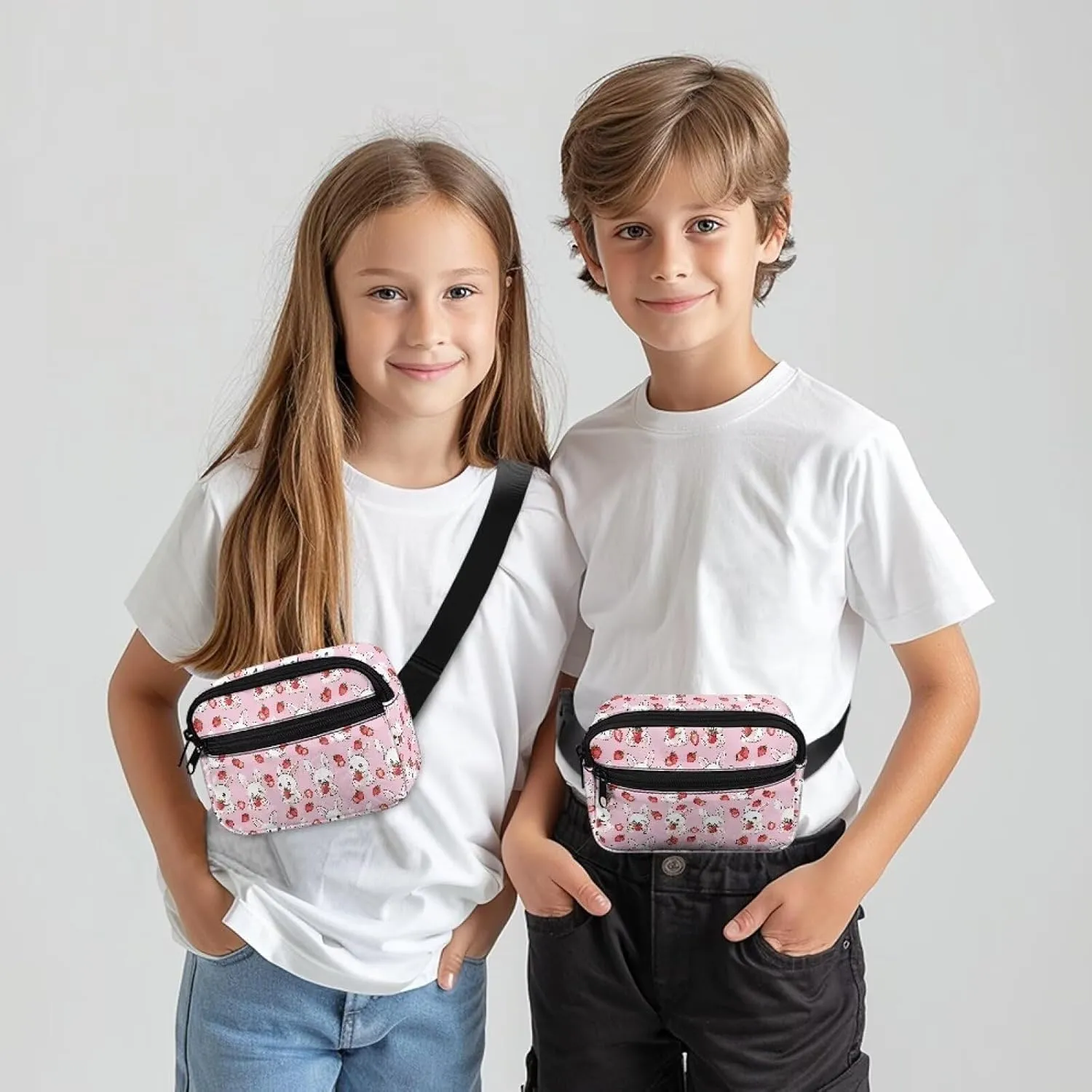 FOR U DESIGNS Cute Fanny Pack for Girls Small Belt Bag with Zipper Pockets Adjustable Strap Fashion Waist Packs Bunny & Strawberry Print Cross Body Bag