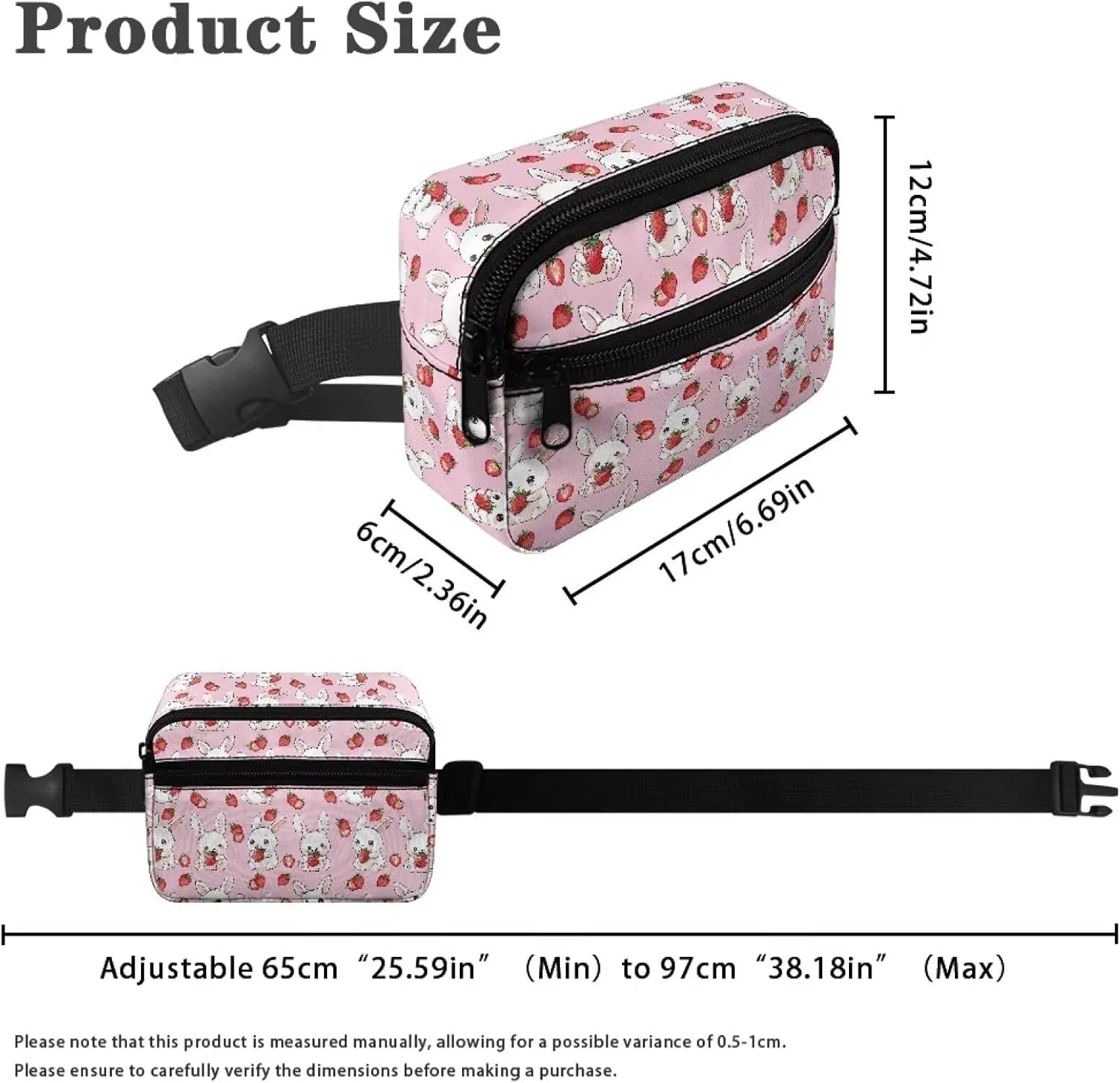 FOR U DESIGNS Cute Fanny Pack for Girls Small Belt Bag with Zipper Pockets Adjustable Strap Fashion Waist Packs Bunny & Strawberry Print Cross Body Bag