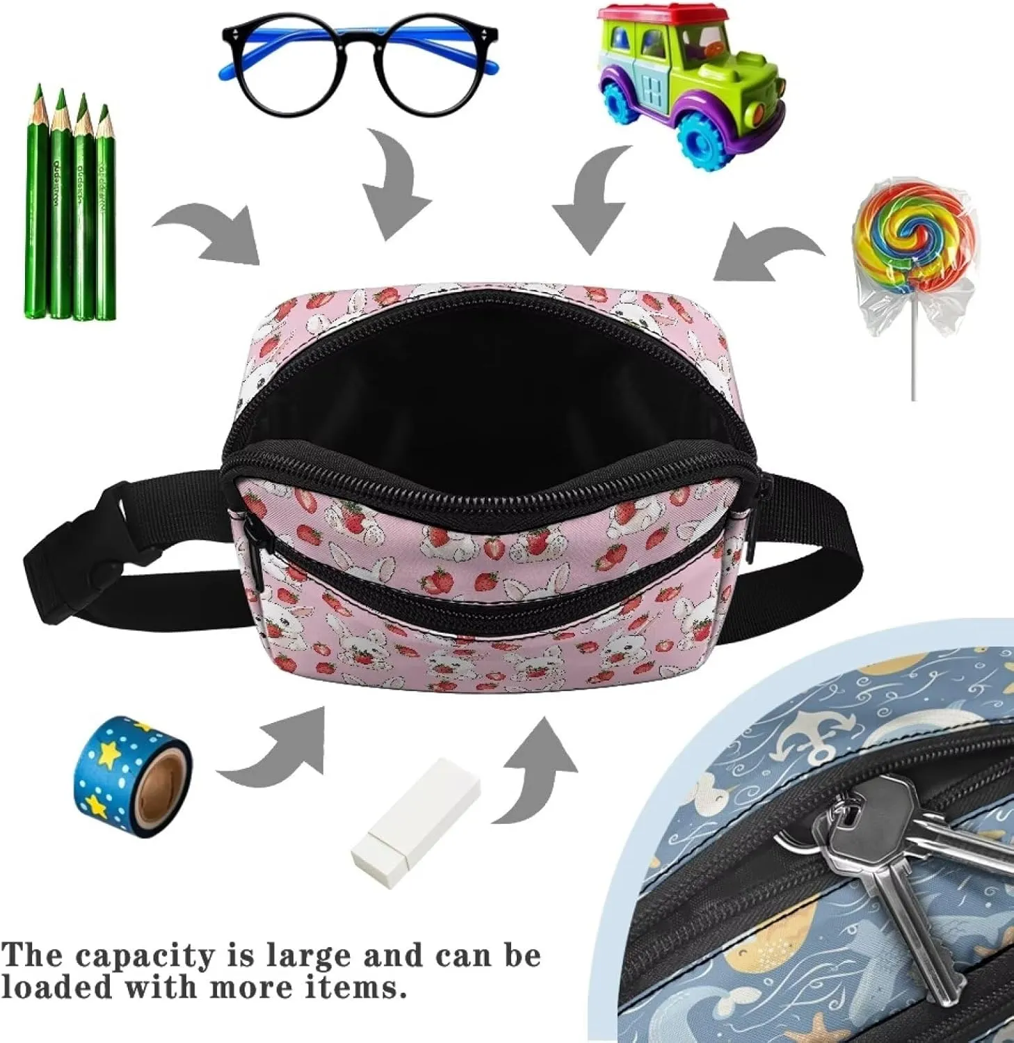 FOR U DESIGNS Cute Fanny Pack for Girls Small Belt Bag with Zipper Pockets Adjustable Strap Fashion Waist Packs Bunny & Strawberry Print Cross Body Bag
