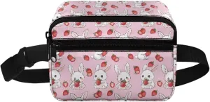 FOR U DESIGNS Cute Fanny Pack for Girls Small Belt Bag with Zipper Pockets Adjustable Strap Fashion Waist Packs Bunny & Strawberry Print Cross Body Bag