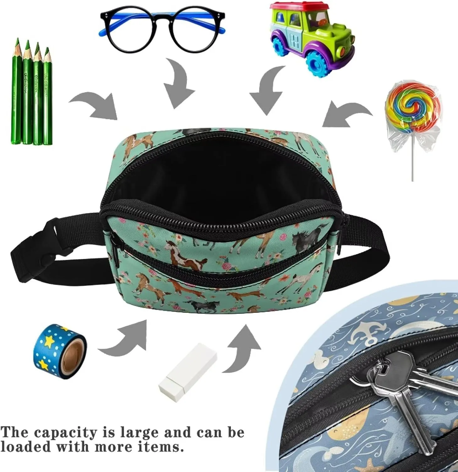 FOR U DESIGNS Fanny Pack for Girls Belt Bag Ages 8-12 Fashion Waist Packs with Adjustable Strap Horse & Floral Print Small Crossbody Bag