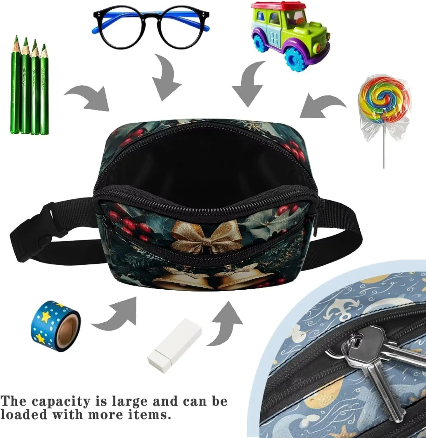 FOR U DESIGNS Fanny Pack for Girls Belt Bag with Zipper Pockets Small Crossbody Bag Christmas Bag Christmas Bell Print Waist Pack Purse