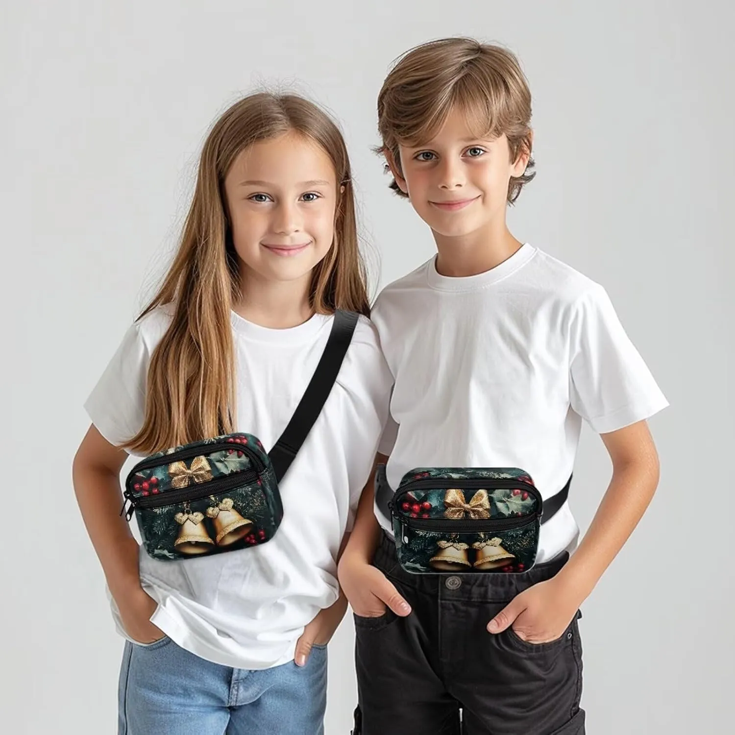 FOR U DESIGNS Fanny Pack for Girls Belt Bag with Zipper Pockets Small Crossbody Bag Christmas Bag Christmas Bell Print Waist Pack Purse
