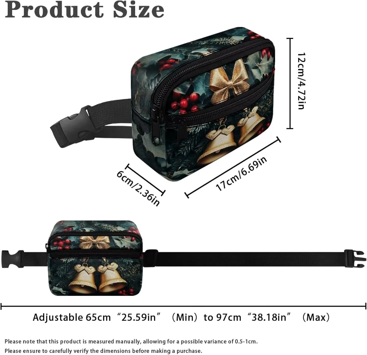 FOR U DESIGNS Fanny Pack for Girls Belt Bag with Zipper Pockets Small Crossbody Bag Christmas Bag Christmas Bell Print Waist Pack Purse