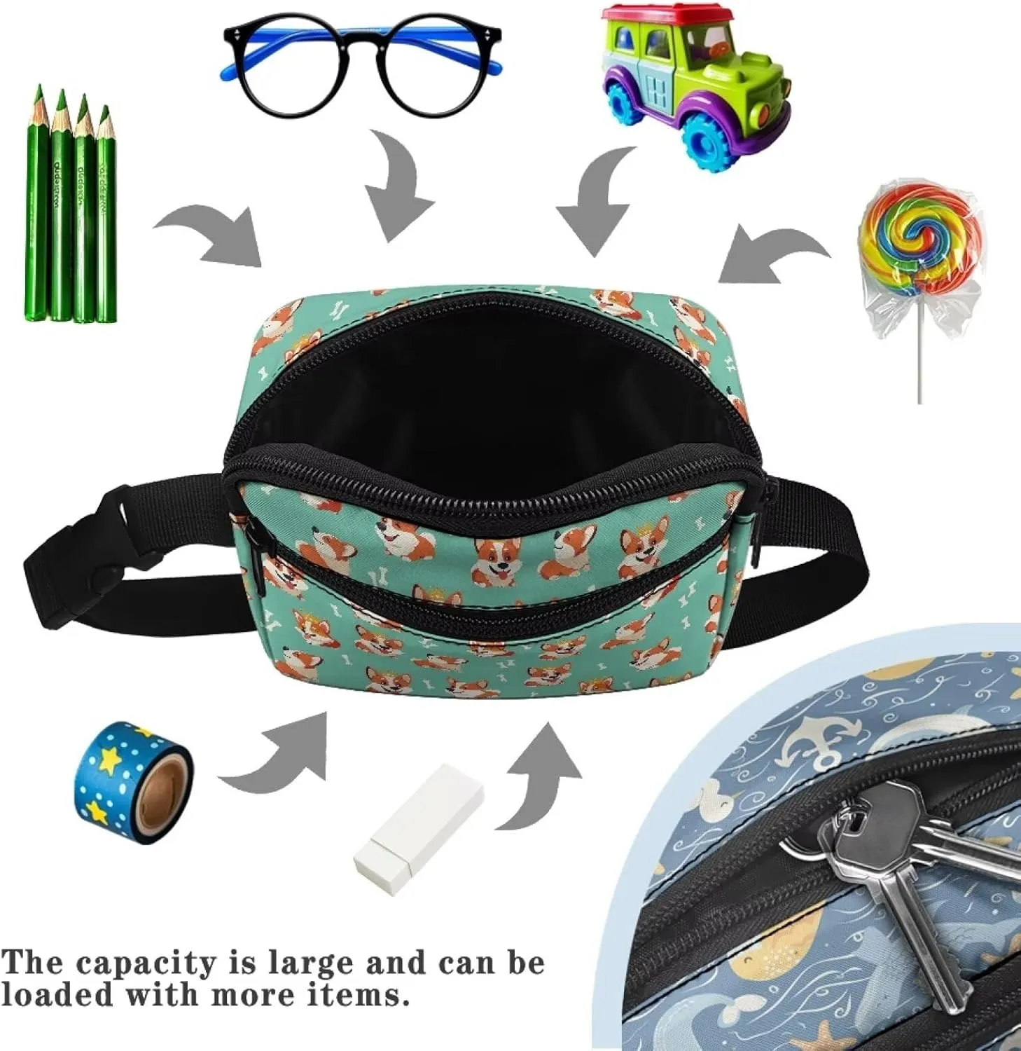 FOR U DESIGNS Fanny Packs for Hiking Running School Travel Small Belt Bag for Girls 8-12 Cute Fanny Pack with Adjustable Strap Corgi Print