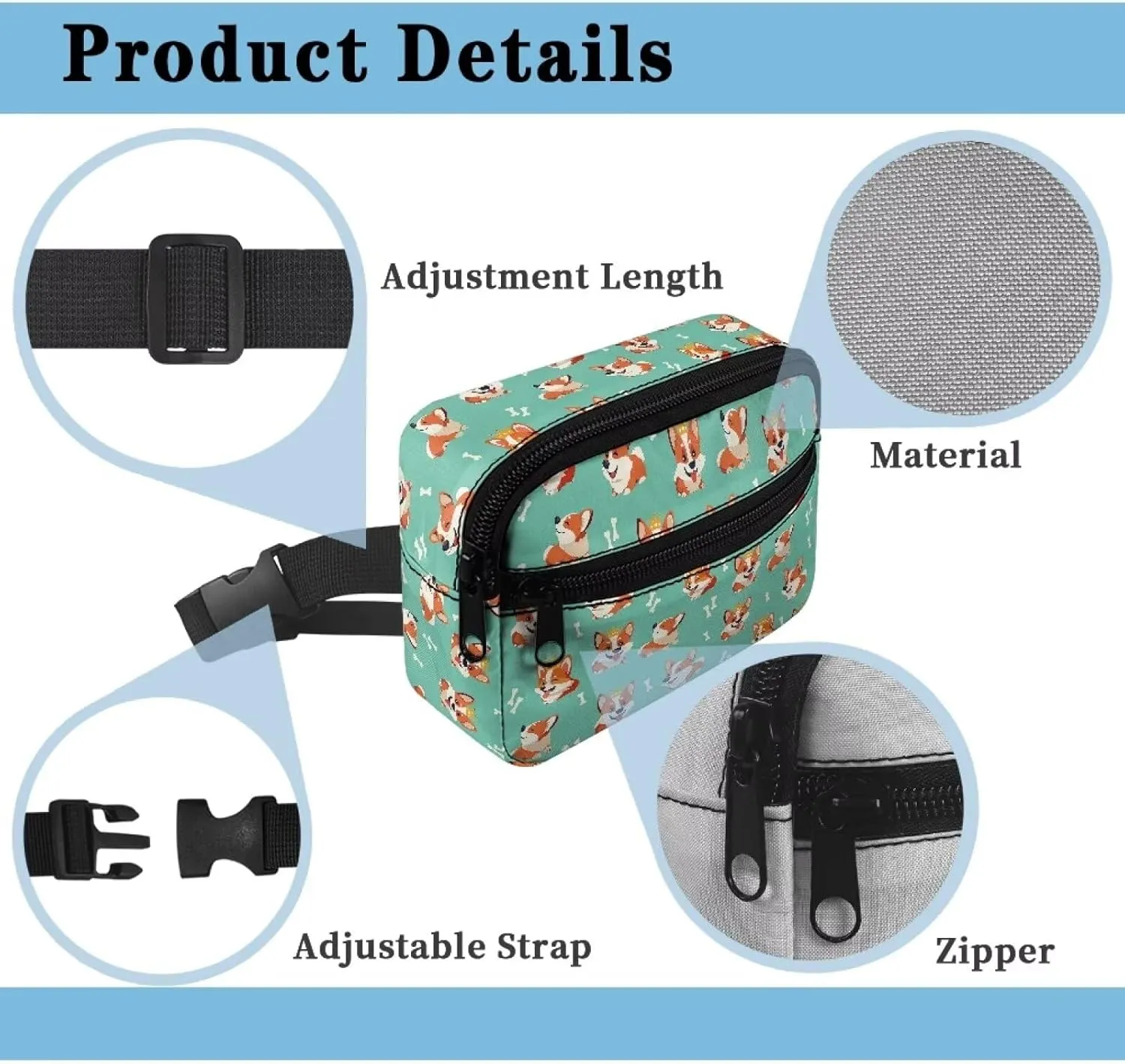 FOR U DESIGNS Fanny Packs for Hiking Running School Travel Small Belt Bag for Girls 8-12 Cute Fanny Pack with Adjustable Strap Corgi Print