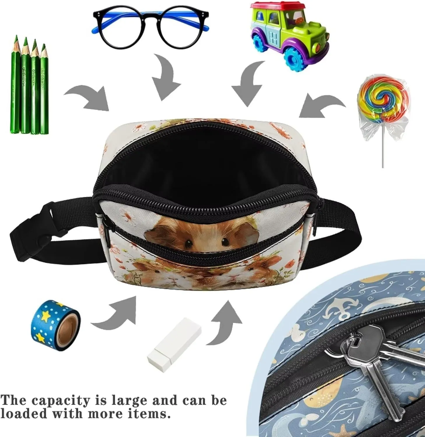FOR U DESIGNS Girls Fanny Pack 6-8 Small Belt Bag Cute Cross Body Bag Fashion Waist Packs Guinea Pig Print Travel Crossbody Bag for School