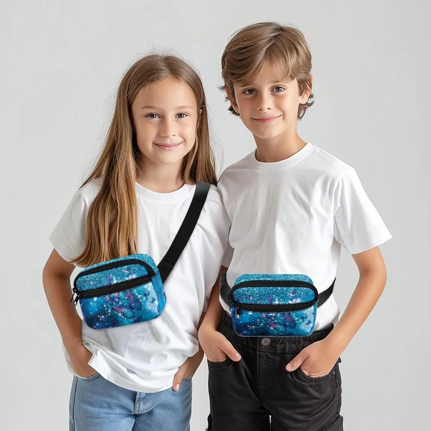 FOR U DESIGNS Girls Fanny Pack Purse Blue Small Crossbody Bag for School Running Hiking Travel Fashion Waist Packs Butterfly Print Belt Bag