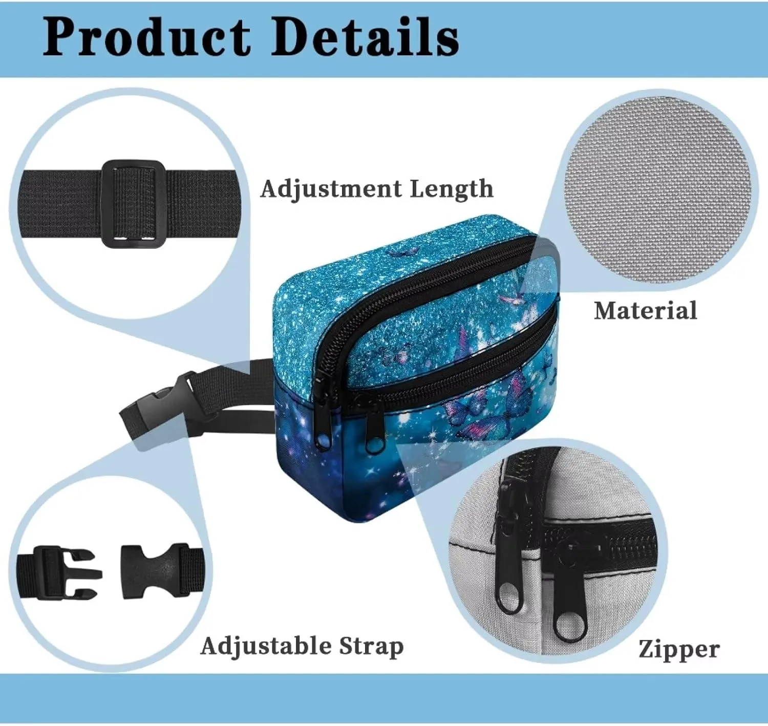 FOR U DESIGNS Girls Fanny Pack Purse Blue Small Crossbody Bag for School Running Hiking Travel Fashion Waist Packs Butterfly Print Belt Bag