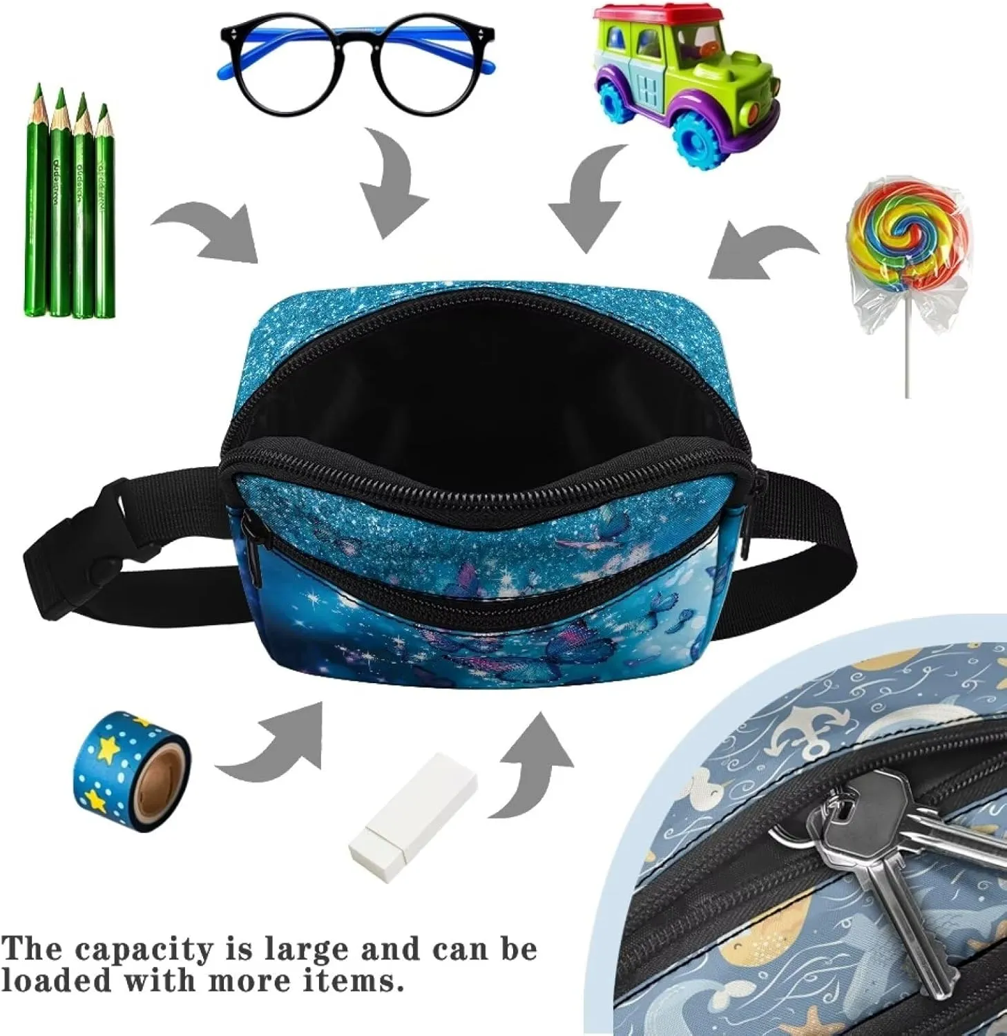 FOR U DESIGNS Girls Fanny Pack Purse Blue Small Crossbody Bag for School Running Hiking Travel Fashion Waist Packs Butterfly Print Belt Bag