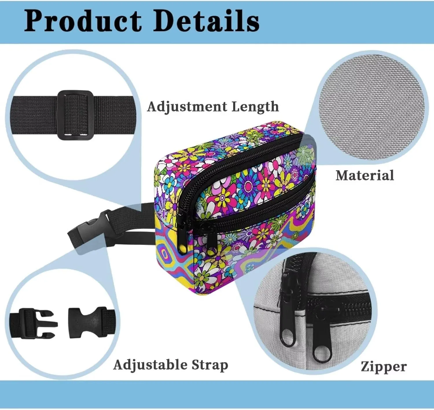 FOR U DESIGNS Hiking Fanny Pack for Girls Small Belt Bag with Zipper Pockets Colorful Crossbody Purse Flower Stripe Print Fashion Waist Packs