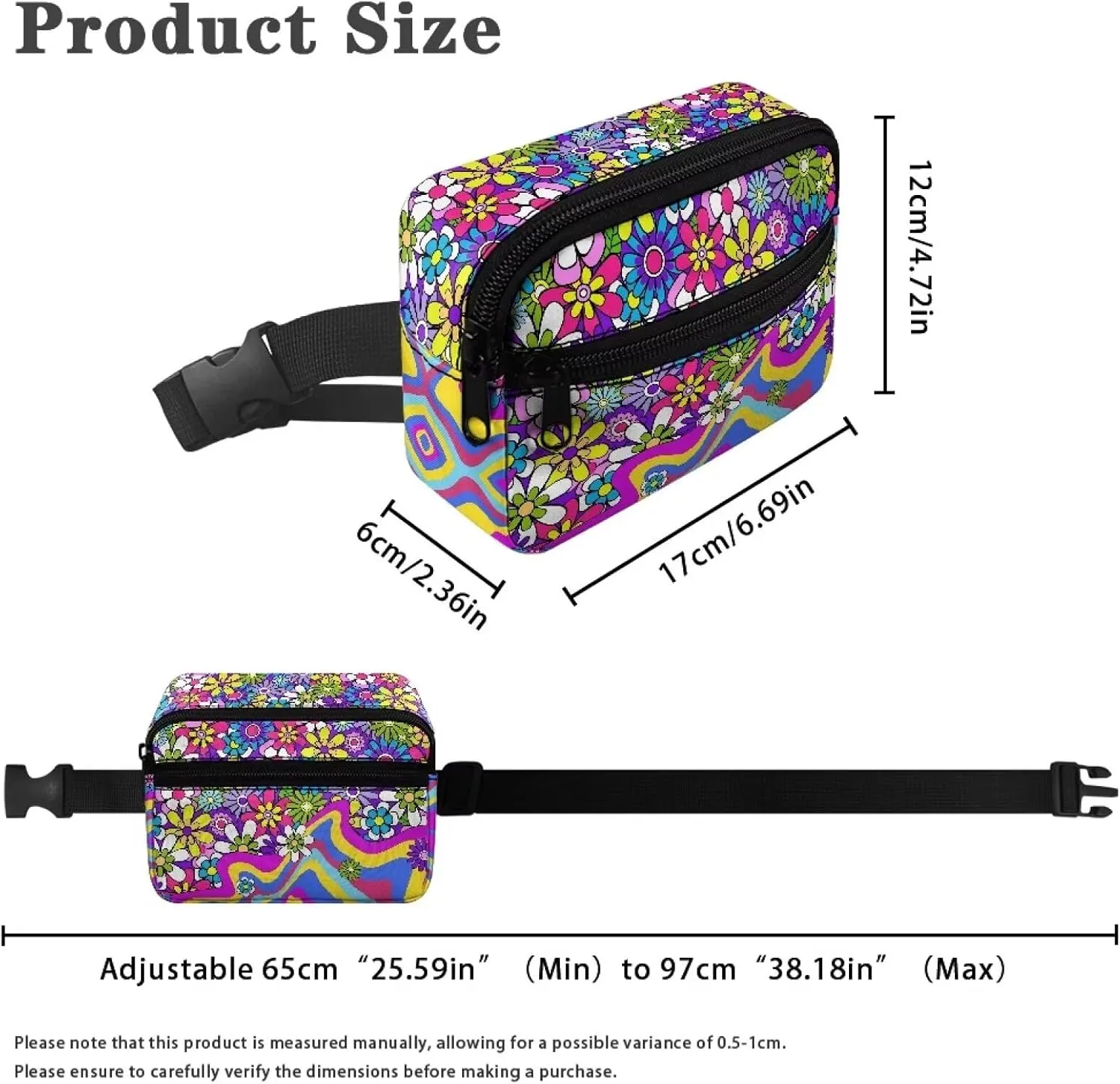 FOR U DESIGNS Hiking Fanny Pack for Girls Small Belt Bag with Zipper Pockets Colorful Crossbody Purse Flower Stripe Print Fashion Waist Packs