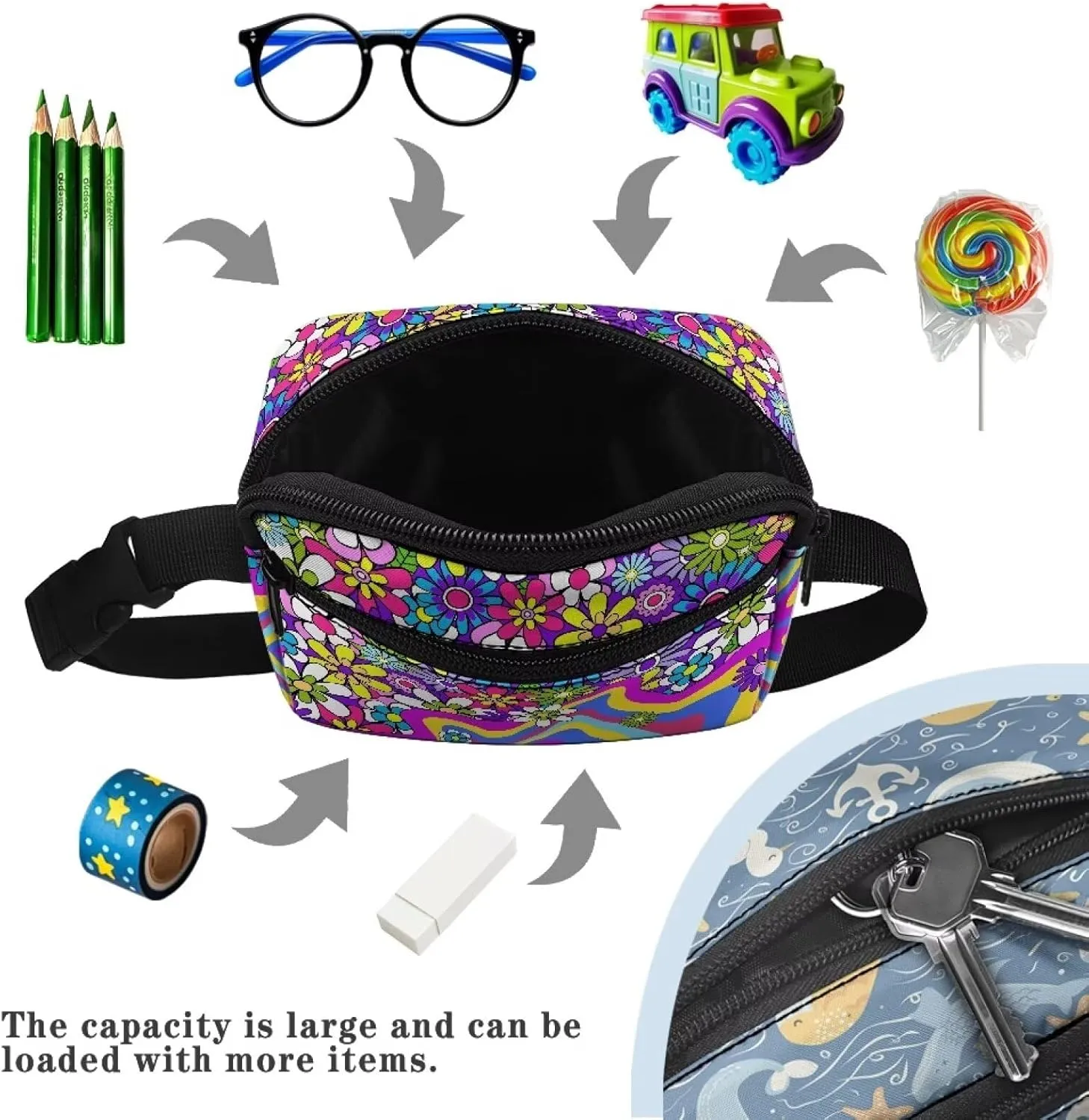 FOR U DESIGNS Hiking Fanny Pack for Girls Small Belt Bag with Zipper Pockets Colorful Crossbody Purse Flower Stripe Print Fashion Waist Packs