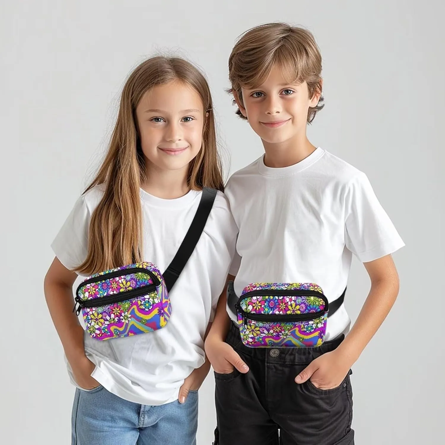FOR U DESIGNS Hiking Fanny Pack for Girls Small Belt Bag with Zipper Pockets Colorful Crossbody Purse Flower Stripe Print Fashion Waist Packs