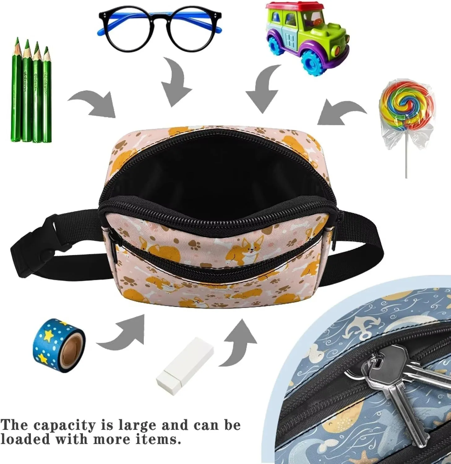 FOR U DESIGNS Kid Fanny Pack Girls Crossbody Bag with Adjustable Strap Mini Belt Bag for Running Hiking Gym Travel School Waist Pack Corgi Print