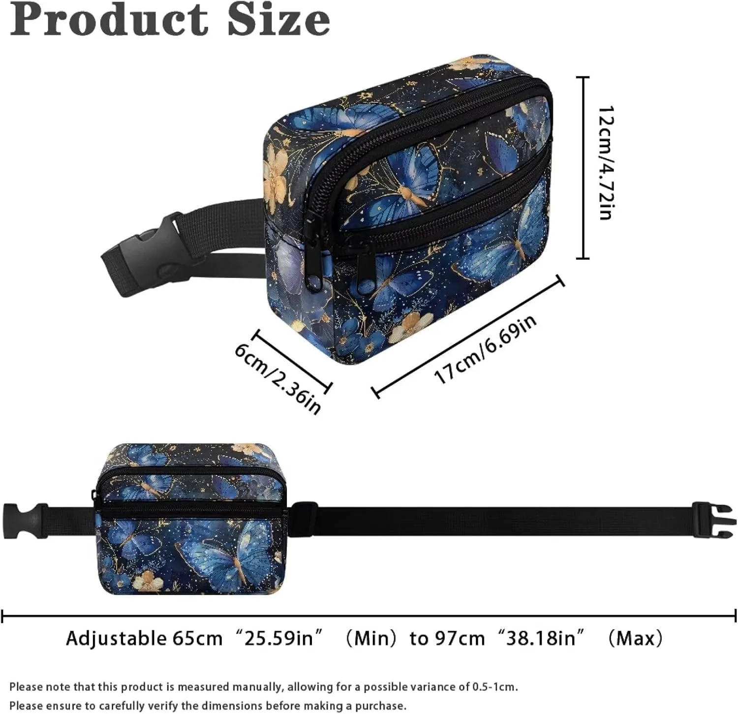 FOR U DESIGNS Kids Fanny Pack Girls Belt Bag Blue Small Crossbody Bag with Adjustable Strap Butterfly Waist Pack for Running Hiking Travel