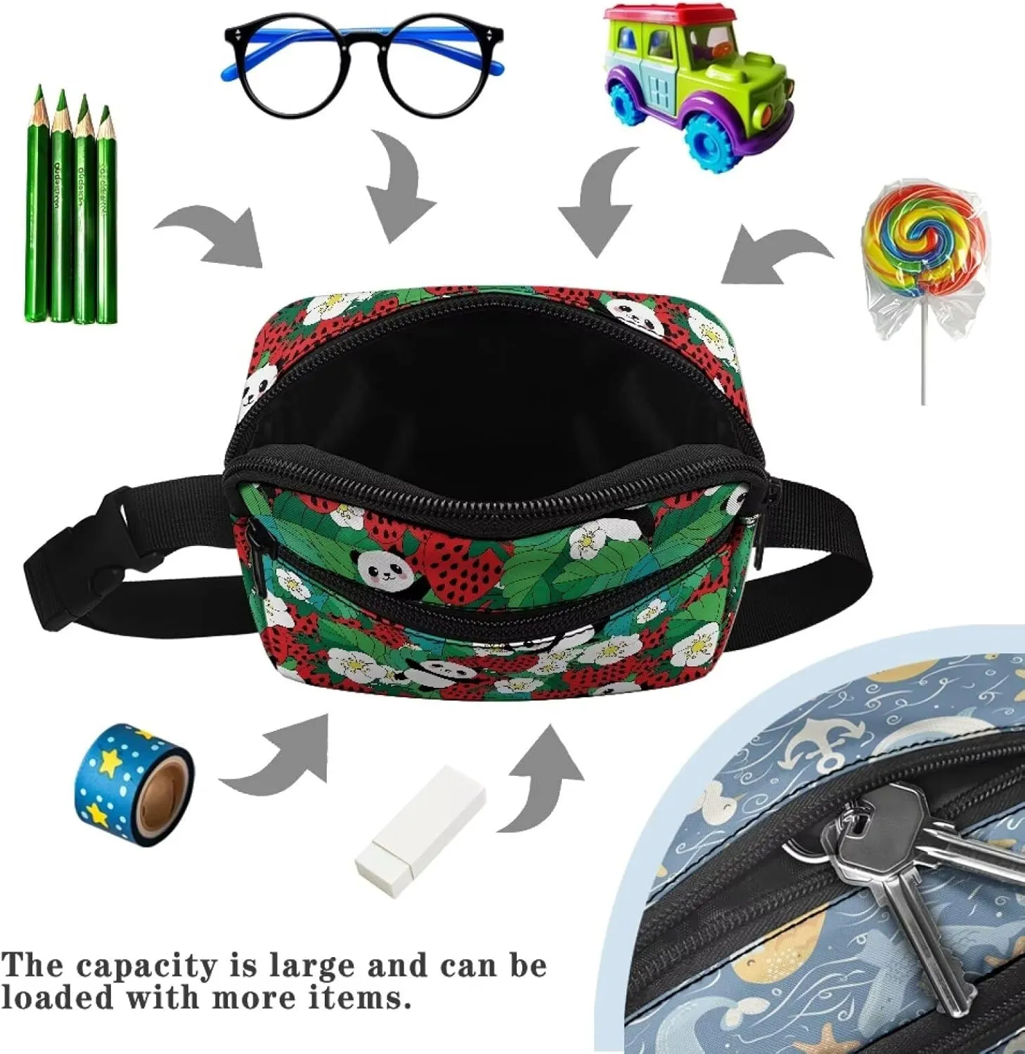 FOR U DESIGNS Kids Fanny Pack Girls Small Crossbody Bag for School Travel Workout Hiking Running Fashion Waist Packs Panda & Strawberry Print Belt Bag