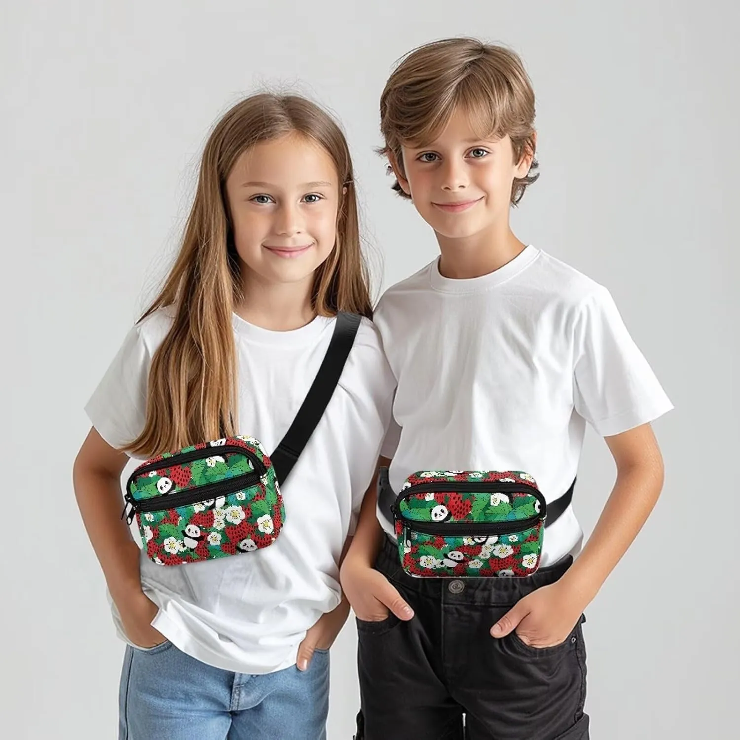 FOR U DESIGNS Kids Fanny Pack Girls Small Crossbody Bag for School Travel Workout Hiking Running Fashion Waist Packs Panda & Strawberry Print Belt Bag