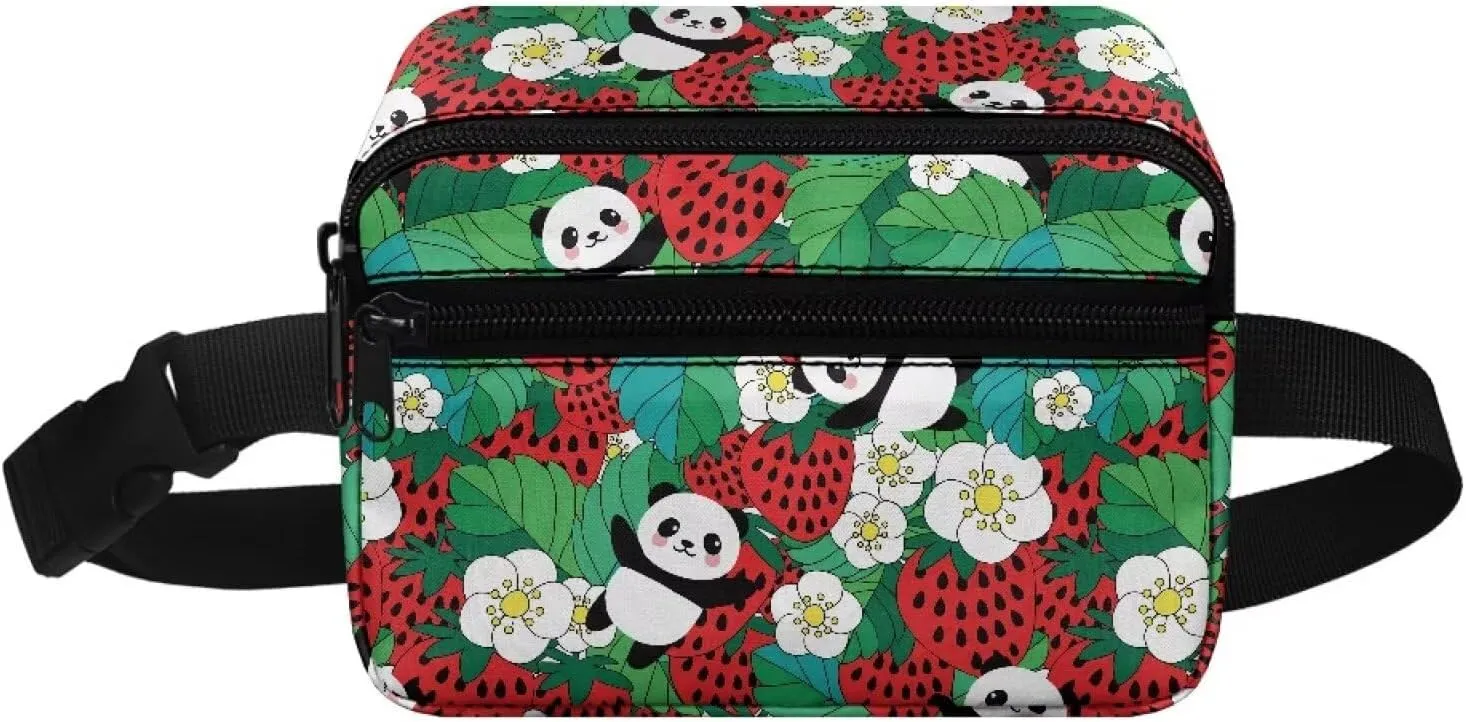 FOR U DESIGNS Kids Fanny Pack Girls Small Crossbody Bag for School Travel Workout Hiking Running Fashion Waist Packs Panda & Strawberry Print Belt Bag