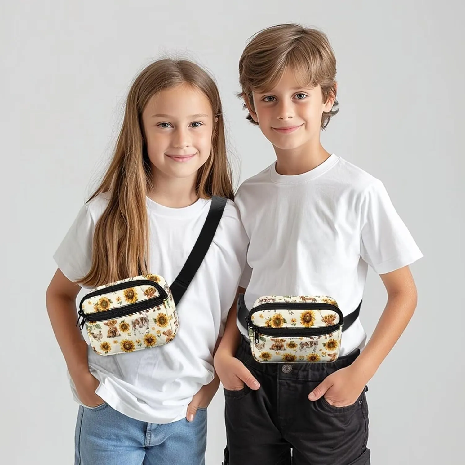 FOR U DESIGNS Little Girls Small Fanny Pack 4-8 Belt Bag Cow & Sunflower Print Cute Crossbody Bag Travel Running Workout Fashion Waist Packs