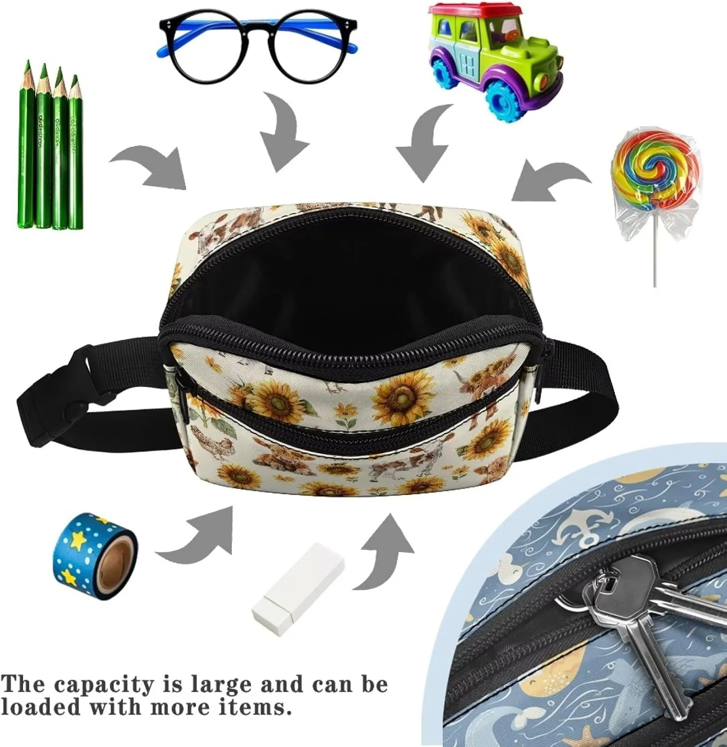 FOR U DESIGNS Little Girls Small Fanny Pack 4-8 Belt Bag Cow & Sunflower Print Cute Crossbody Bag Travel Running Workout Fashion Waist Packs