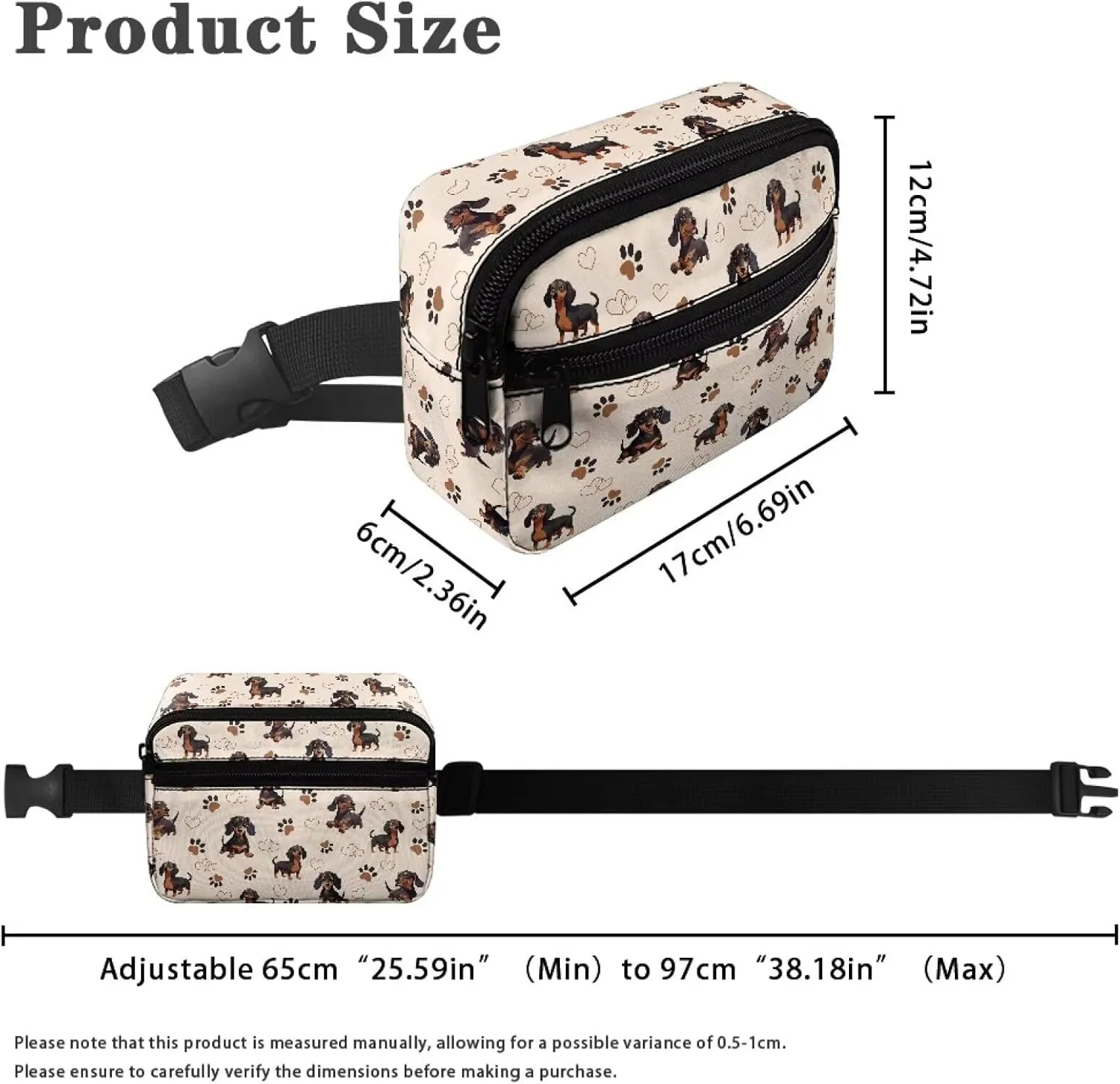 FOR U DESIGNS Small Fanny Pack for Girls Dachshund & Paw Print Lightweight Travel Crossbody Bag with Adjustable Strap Fashion Waist Packs