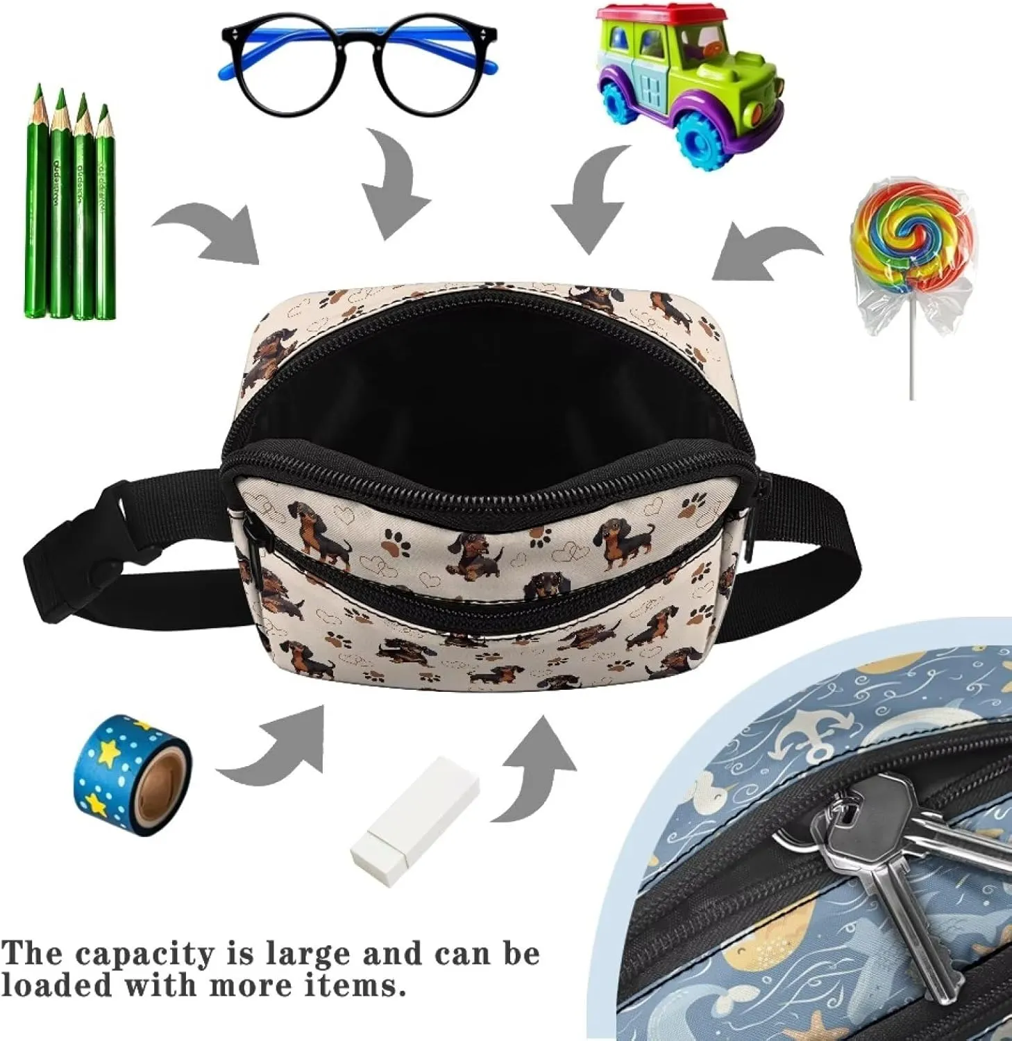 FOR U DESIGNS Small Fanny Pack for Girls Dachshund & Paw Print Lightweight Travel Crossbody Bag with Adjustable Strap Fashion Waist Packs