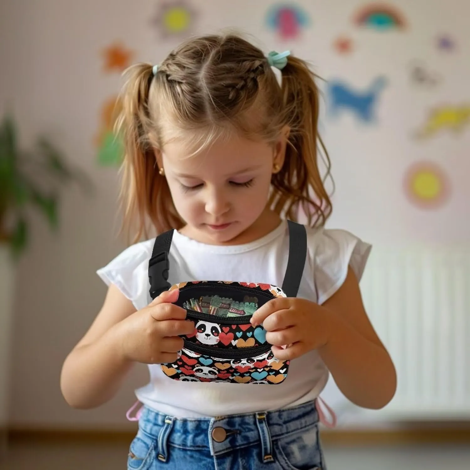 FOR U DESIGNS Small Fanny Pack for Girls Kids Hiking Fanny Pack with Adjustable Strap Panda & Love Heart Print Cute Belt Bag for Running School Travel Crossbody Bag