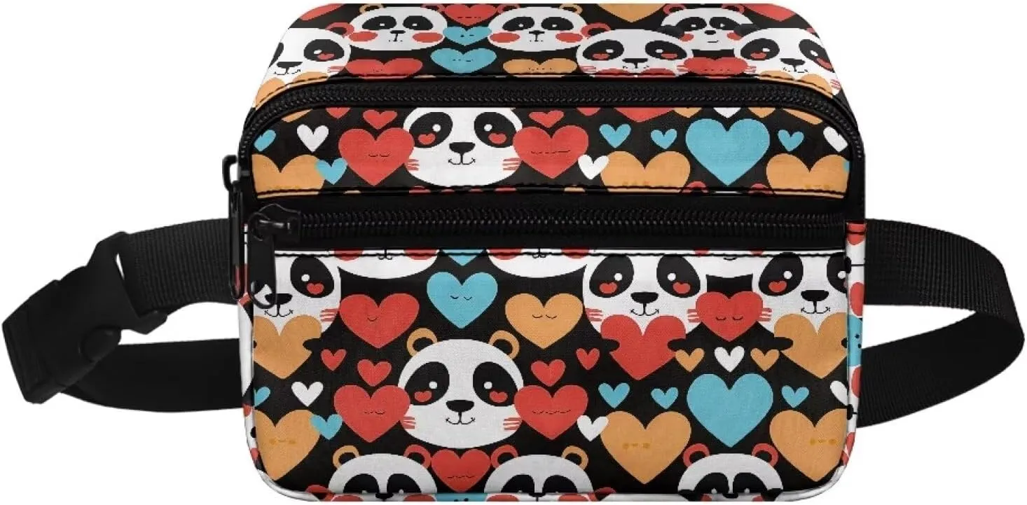 FOR U DESIGNS Small Fanny Pack for Girls Kids Hiking Fanny Pack with Adjustable Strap Panda & Love Heart Print Cute Belt Bag for Running School Travel Crossbody Bag