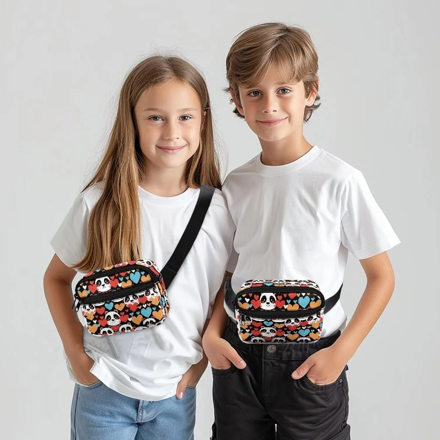 FOR U DESIGNS Small Fanny Pack for Girls Kids Hiking Fanny Pack with Adjustable Strap Panda & Love Heart Print Cute Belt Bag for Running School Travel Crossbody Bag