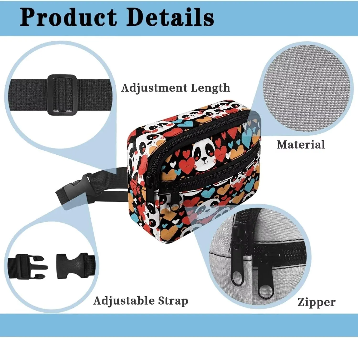 FOR U DESIGNS Small Fanny Pack for Girls Kids Hiking Fanny Pack with Adjustable Strap Panda & Love Heart Print Cute Belt Bag for Running School Travel Crossbody Bag