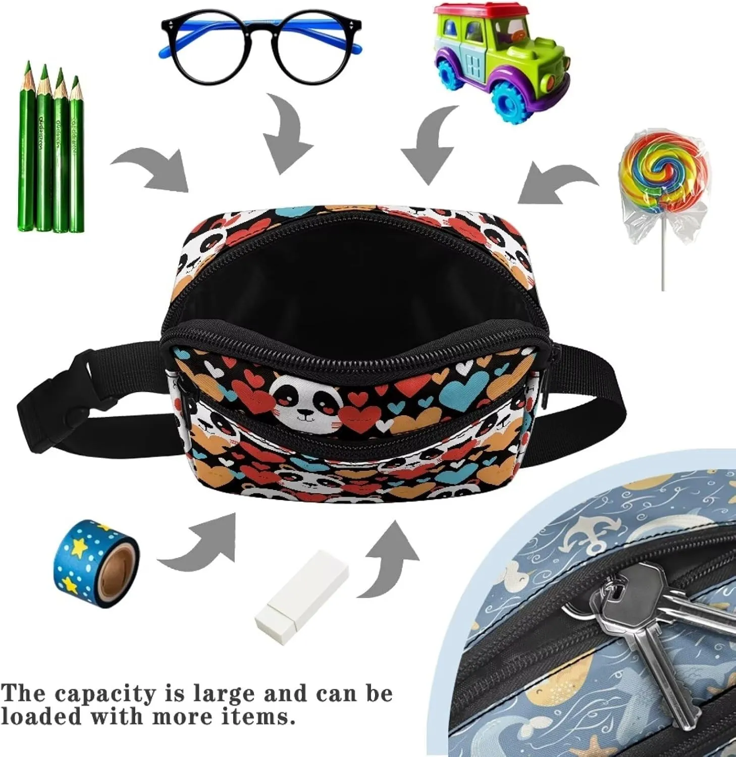 FOR U DESIGNS Small Fanny Pack for Girls Kids Hiking Fanny Pack with Adjustable Strap Panda & Love Heart Print Cute Belt Bag for Running School Travel Crossbody Bag