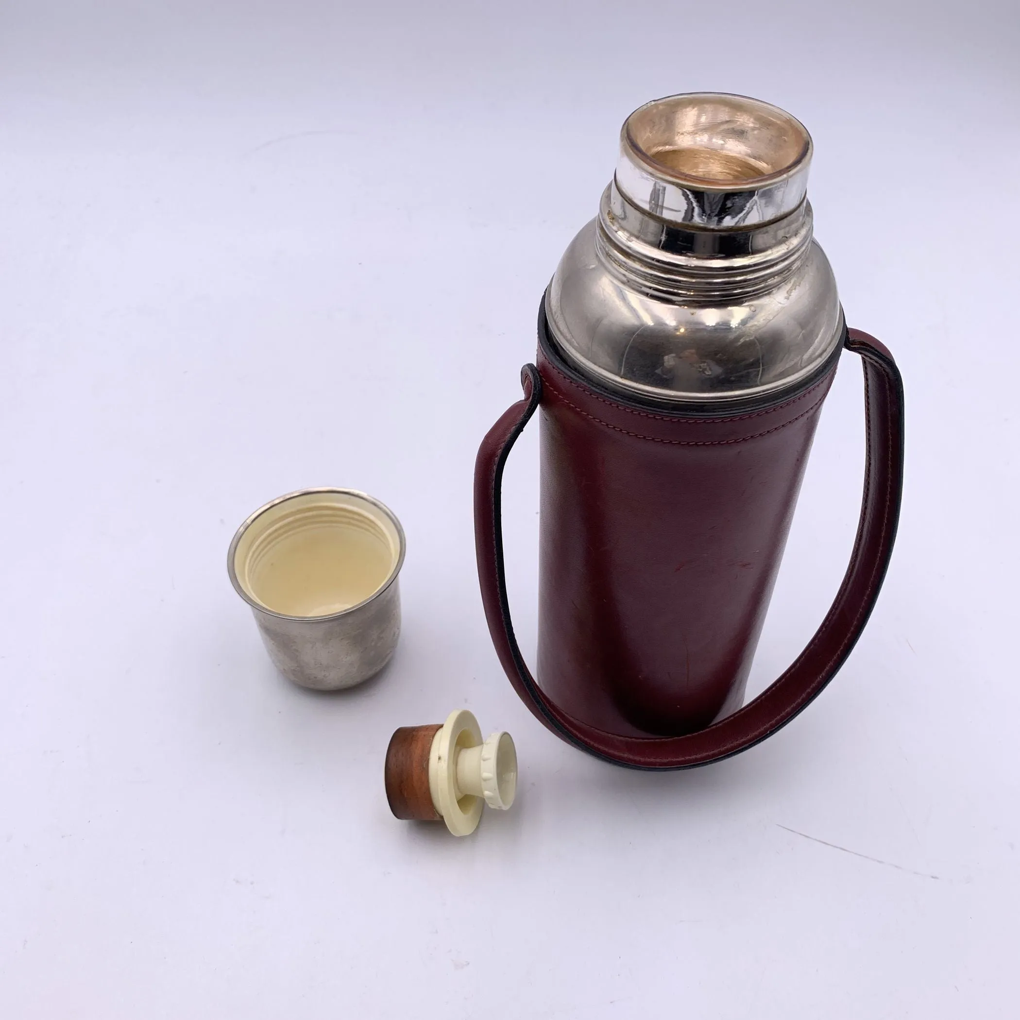 Franzi Vintage Burgundy Leather Silver Metal Thermos Vacuum Flask