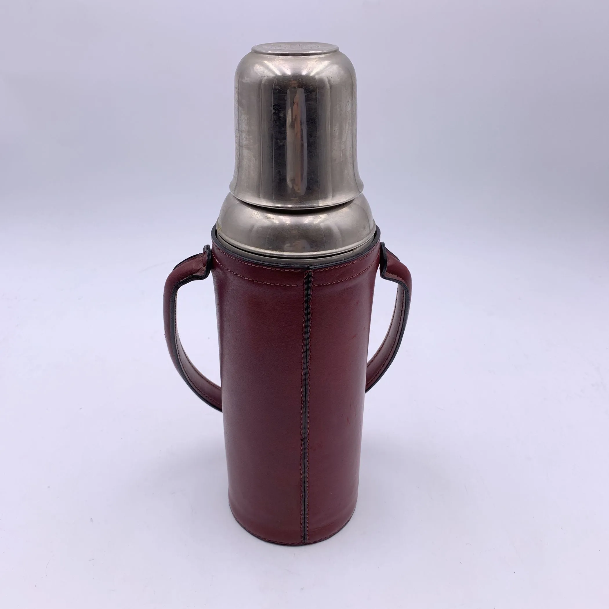 Franzi Vintage Burgundy Leather Silver Metal Thermos Vacuum Flask