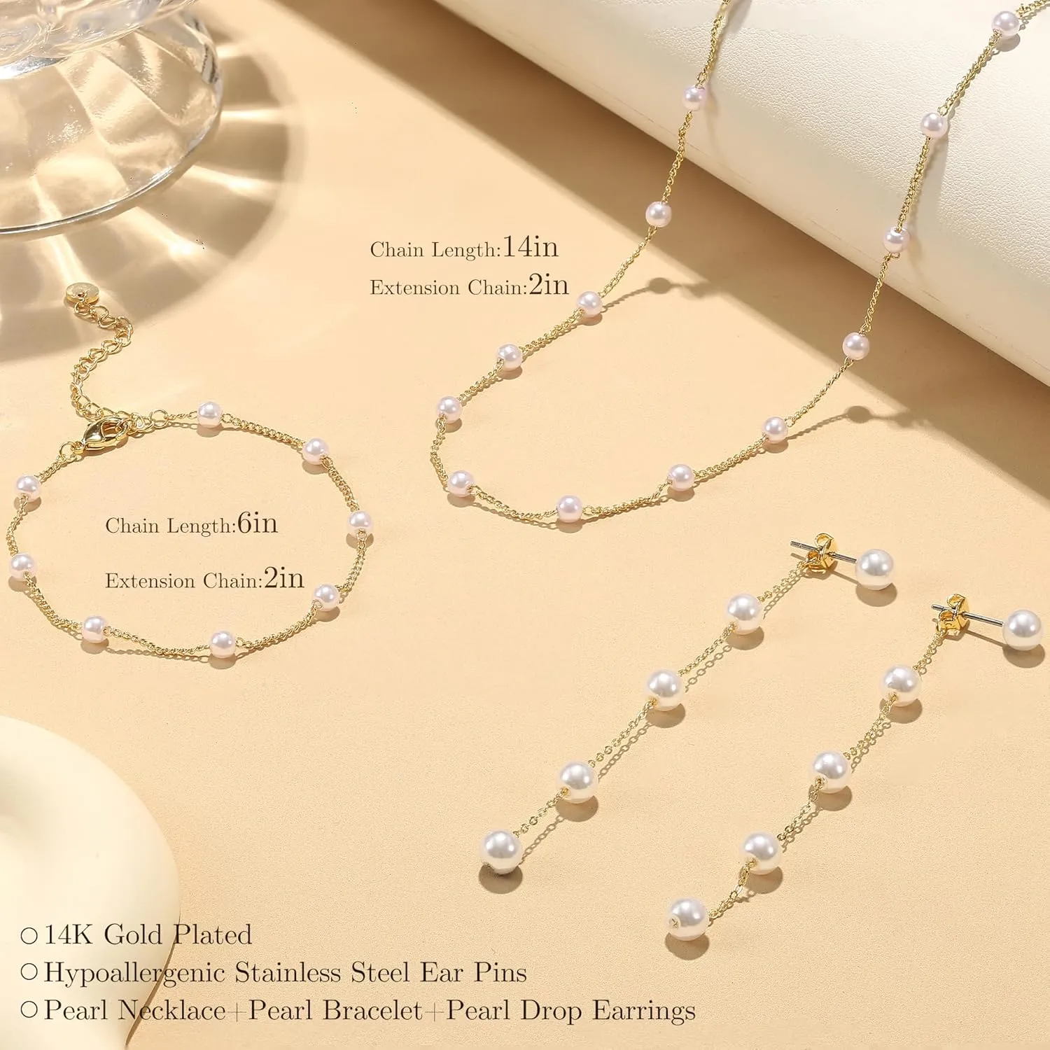 FUNRUN JEWELRY 14K Gold Plated Pearl Necklace Set for Women - Adjustable Choker, Bracelet, Drop Earrings - Dainty Wedding Jewelry