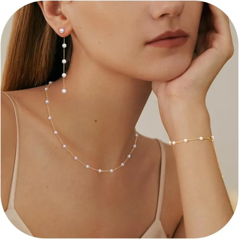 FUNRUN JEWELRY 14K Gold Plated Pearl Necklace Set for Women - Adjustable Choker, Bracelet, Drop Earrings - Dainty Wedding Jewelry
