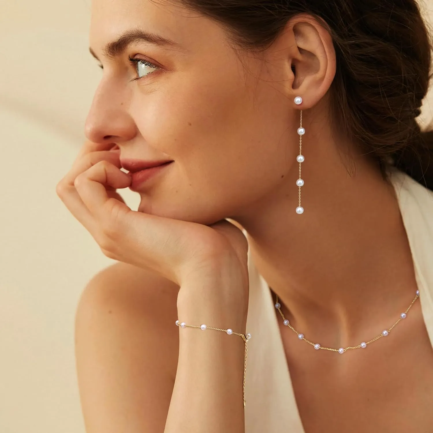 FUNRUN JEWELRY 14K Gold Plated Pearl Necklace Set for Women - Adjustable Choker, Bracelet, Drop Earrings - Dainty Wedding Jewelry
