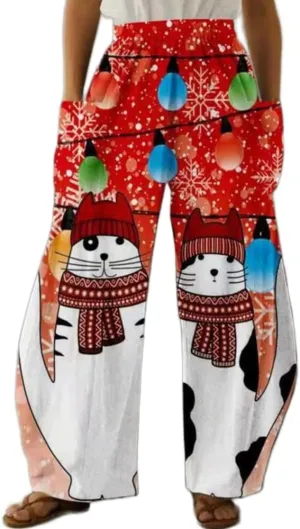 Geleglaer Women's Merry Christmas High Elastic Waist Pants Snowman Graphic Printed Wide Leg Pants Long Trousers with Pockets