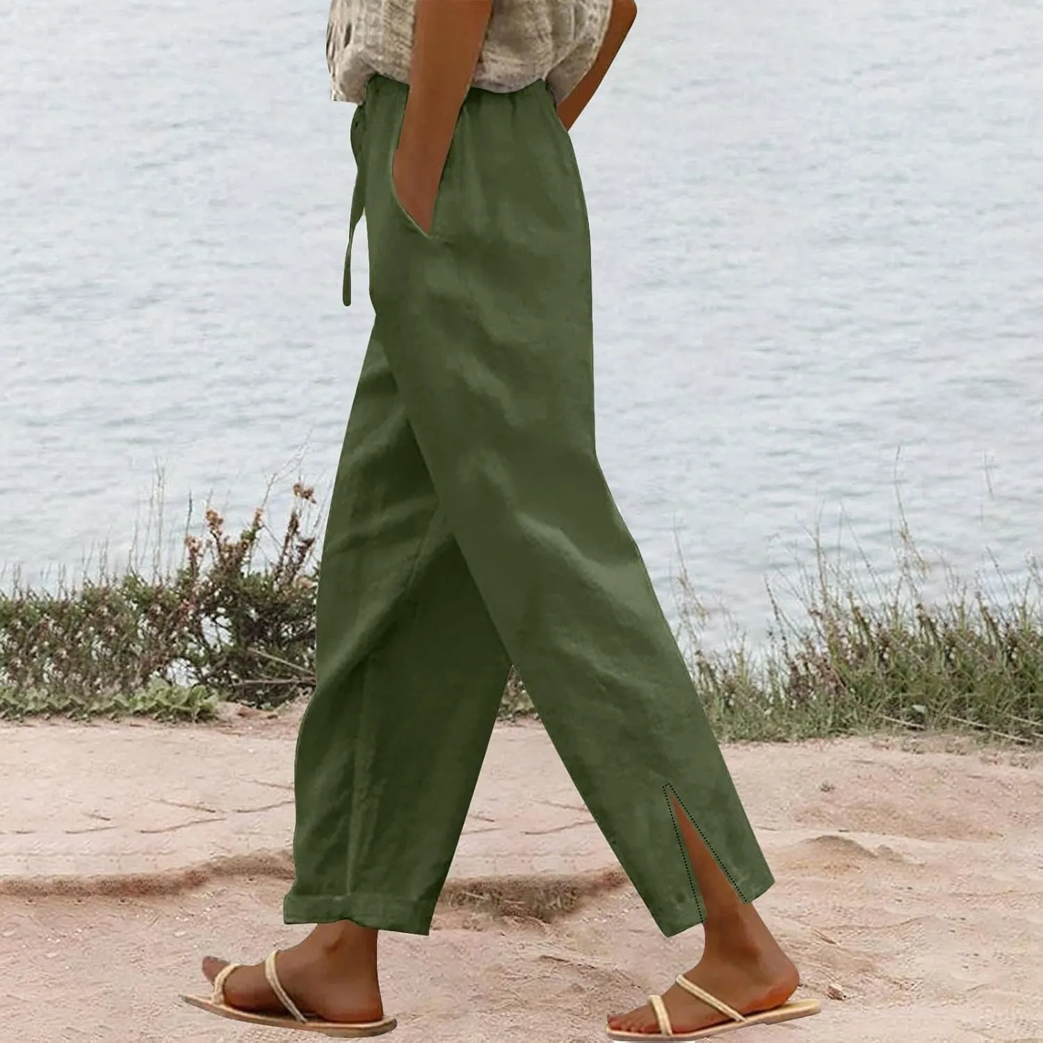 GIERIDUC Linen Pants for Women 2025 Summer High Waist Elastic Straight Leg Lounge Pant Casual Loose Beach Trousers w/Pockets