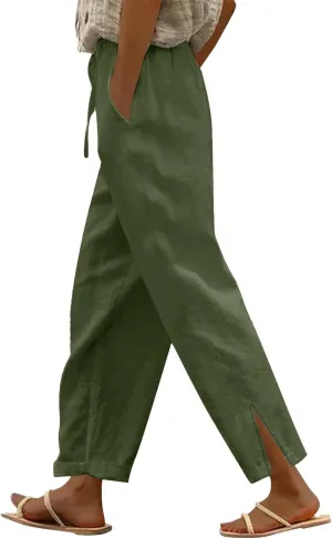 GIERIDUC Linen Pants for Women 2025 Summer High Waist Elastic Straight Leg Lounge Pant Casual Loose Beach Trousers w/Pockets