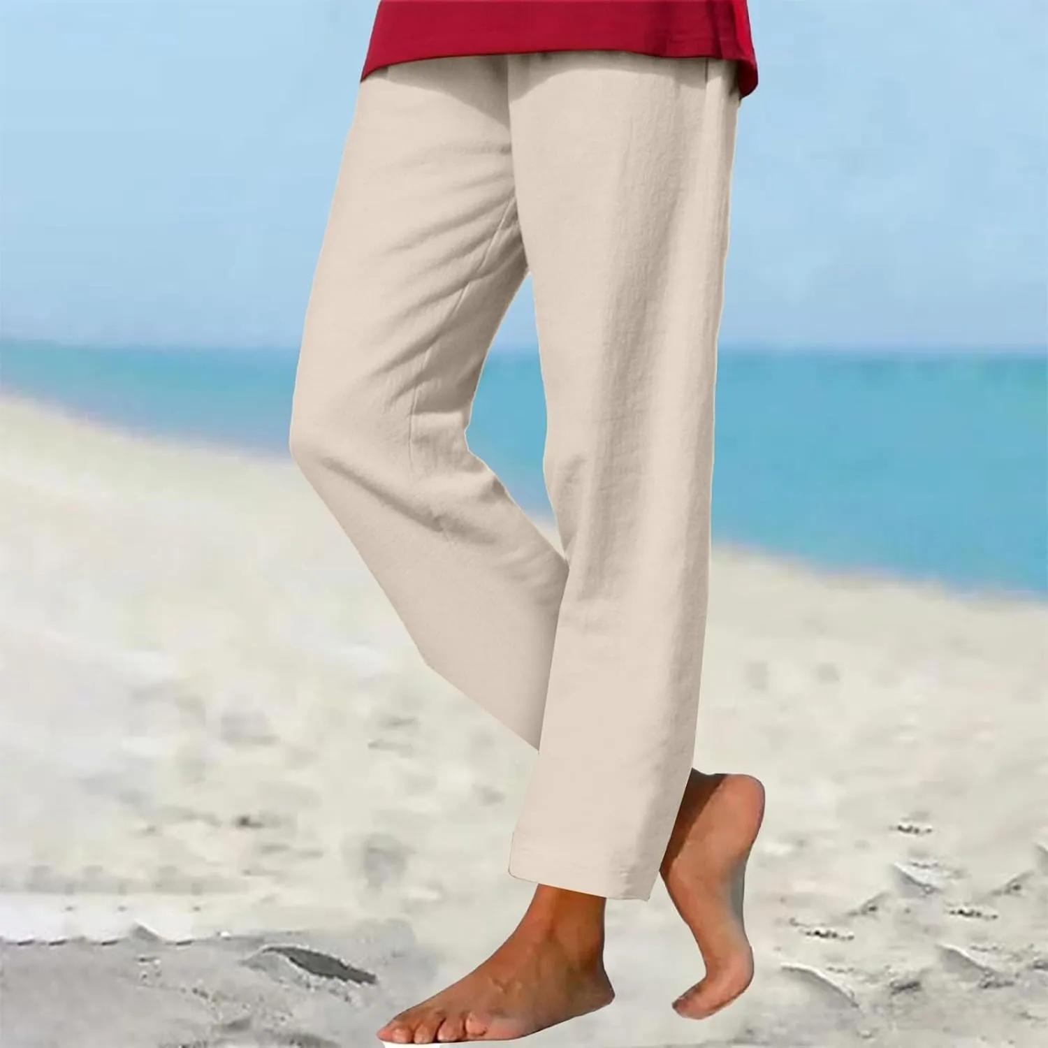 GIERIDUC Linen Pants for Women High Waisted Wide Leg Trousers Trendy Solid Color Drawstring Elastic Waist Summer Gauze Pants