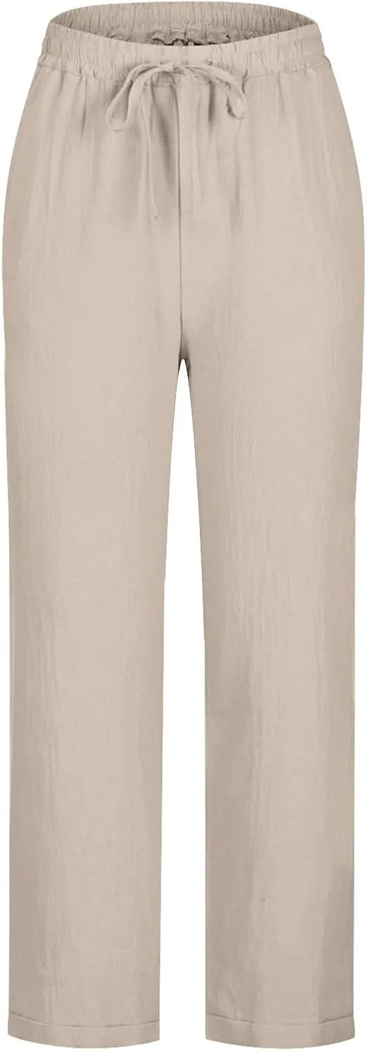 GIERIDUC Linen Pants for Women High Waisted Wide Leg Trousers Trendy Solid Color Drawstring Elastic Waist Summer Gauze Pants