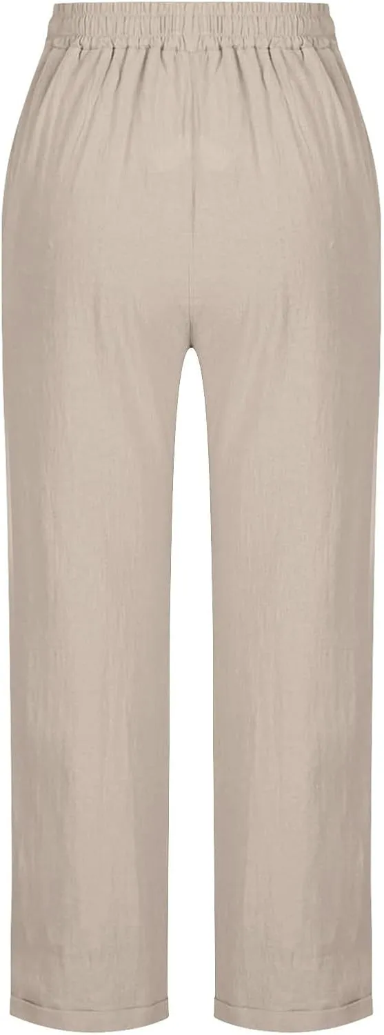 GIERIDUC Linen Pants for Women High Waisted Wide Leg Trousers Trendy Solid Color Drawstring Elastic Waist Summer Gauze Pants