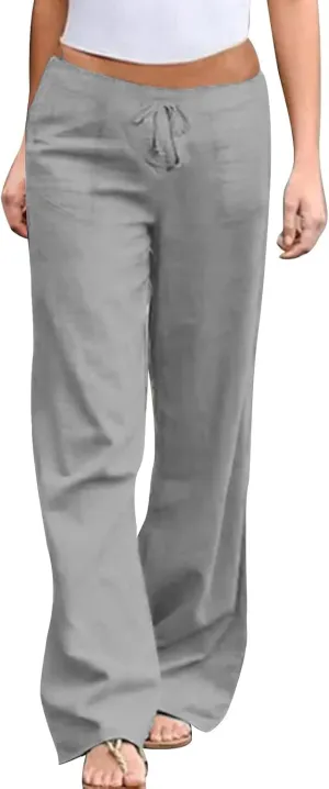 GIERIDUC Women Summer Wide Leg Linen Pants Drawstring Elastic High Waist Lounge Pants Y2K Trendy Casual Trousers with Pockets