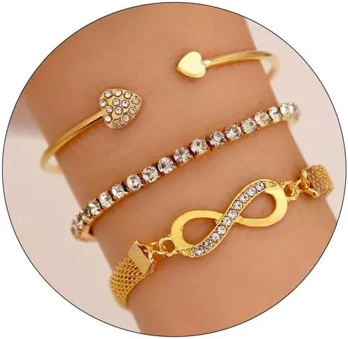 GIGB PBDK 3 Pcs Set Gold Silver Bracelets for Women Tennis Bracelets Herringbone Infinity Twisted Bangles Adjustable Heart Stackable Rhinestone Wristbands for Women Birthday Gifts