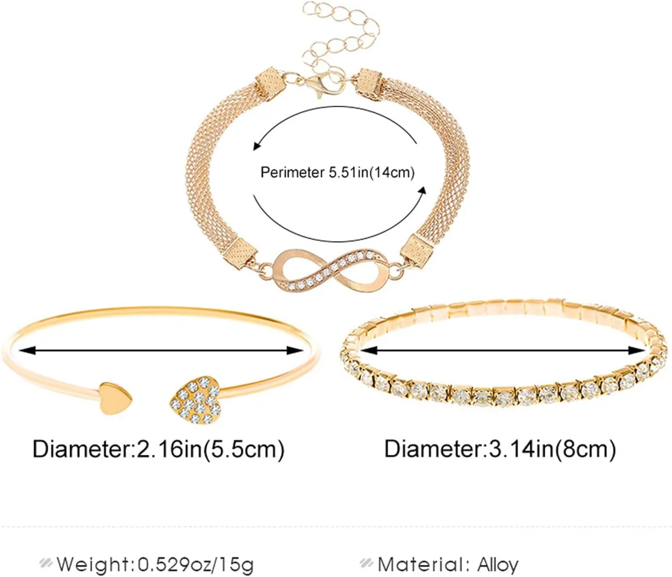 GIGB PBDK 3 Pcs Set Gold Silver Bracelets for Women Tennis Bracelets Herringbone Infinity Twisted Bangles Adjustable Heart Stackable Rhinestone Wristbands for Women Birthday Gifts