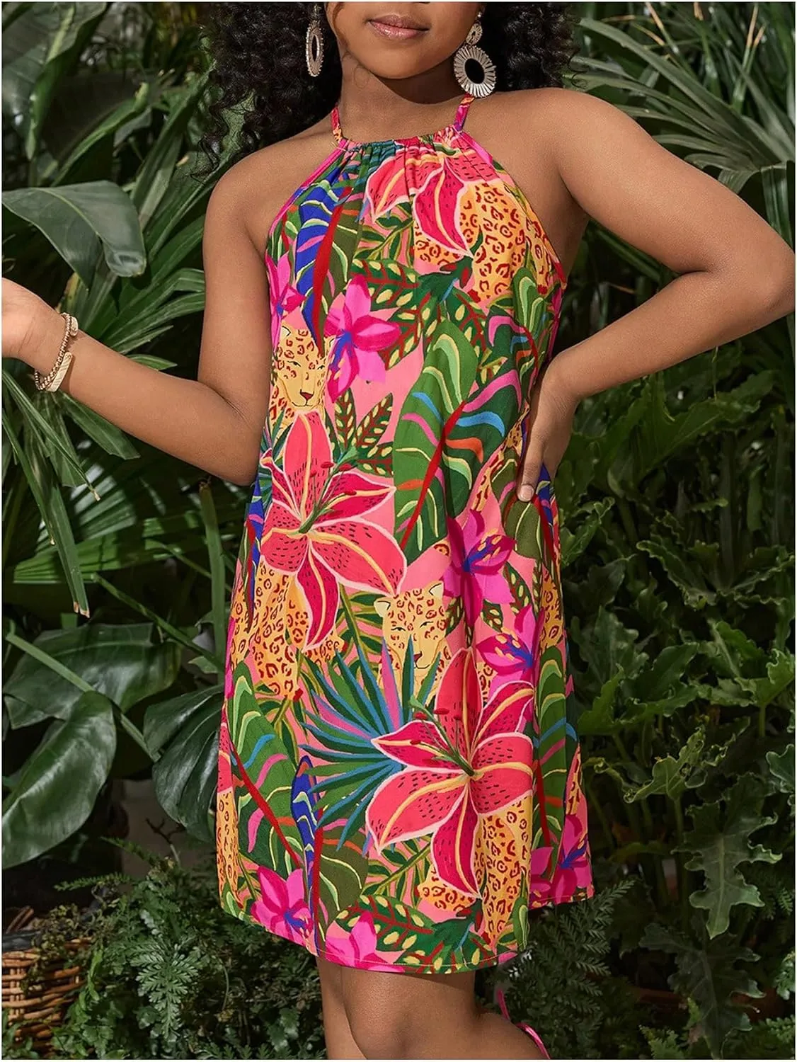 Girl's Floral Halter Dress Sleeveless Summer Beach Sundress Casual Cami Dresses