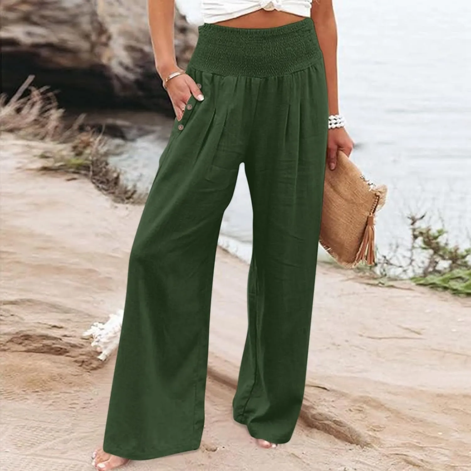 GOKKILRW Women Linen Palazzo Pants Summer Boho Wide Leg Slacks High Waist Flowy Casual Beachwear 2025 Travel Vacation Trouser
